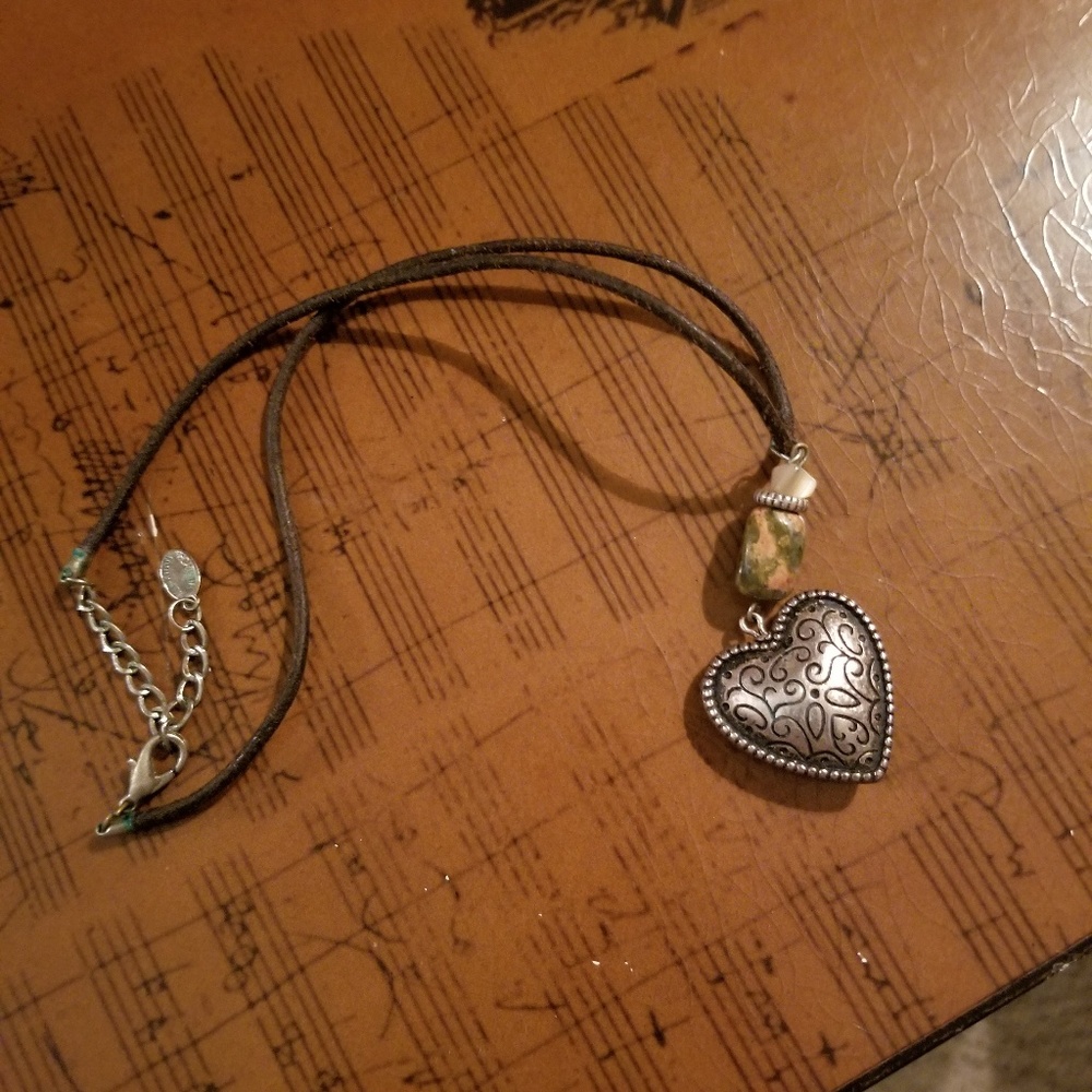Necklace,  Silver Puffed Heart  Black Fabric Cord